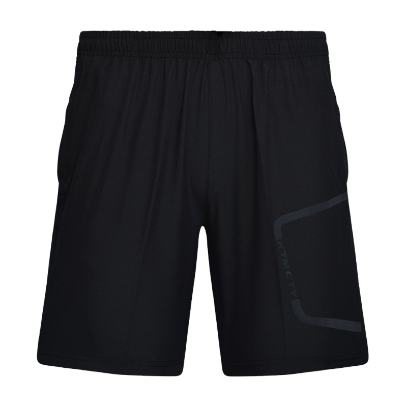 a pair of black KTM CTY Kinetic Training Shorts featuring an elastic waistband and a subtle grey geometric graphic design on the left thigh, designed for summer activewear 1